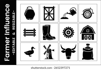 Black And White Vector Icons Illustrating Farming Equipment Animals And Structures In A Grid
