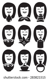 Black and white vector icons illustration of cartoon women with smiling faces and conceptual symbols for beauty and spa isolated on white background.