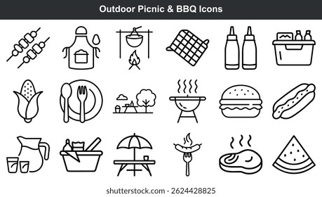 Black and white vector icons of outdoor picnic and bbq food and items