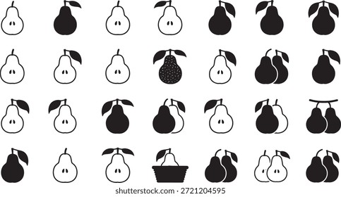 Ícones de vetor preto e branco de peras em vários estilos e arranjos de frutas
