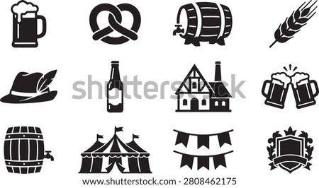 Black and white vector icons related to Oktoberfest, including beer, food, and festival symbols.