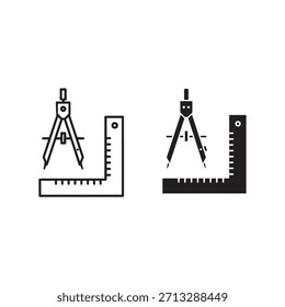 Schwarz-weiße Vektorsymbole, die einen Kompass und ein Lineal darstellen, ideal für Design- und Architekturthemen.