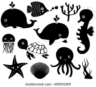 Black and white vector icons of sea animals in flat style