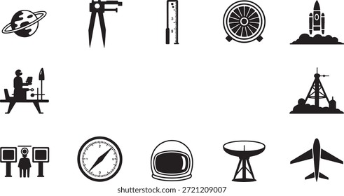 Iconos blancos y negros del vector de la exploración espacial y herramientas de medición planeta planeta anillado