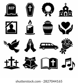 Black and white vector icons symbolizing mortality love religion and human activities