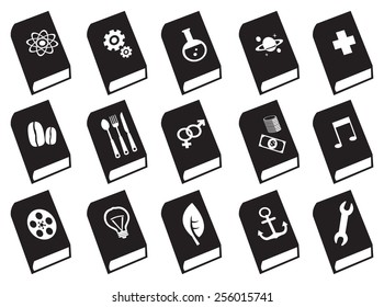 Black and white vector icons of textbooks on different subjects.