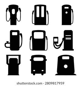 Black and white vector icons of various gas pump styles and designs for fuel station use. Clean and simple illustrations perfect for digital media.