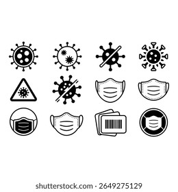 Ícones de vetor preto e branco prevenção de vírus face máscaras segurança e código de barras estilo minimalista humor sério