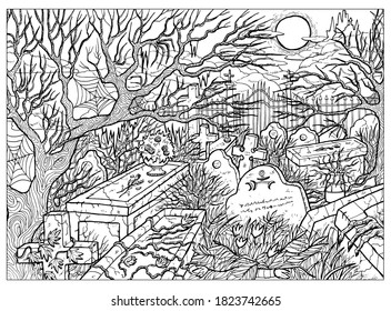 Black and white vector illustratiob of old abandoned cemetery with scary tombstones, crosses and graves against moon and castle at night.  Halloween background, gothic, esoteric and mystic concept.