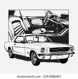 black and white vector illustration of a 1964 era classic muscle car with detailed interior on the back. suitable for petrolhead t-shirt designs