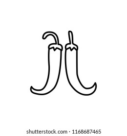 Black & white vector illustration of 2 hot chili peppers. Line icon of fresh cayenne chilli peppers. Flavouring spice. Vegan & vegetarian food. Isolated object on white background. 