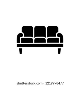 Black & white vector illustration of 3 seaters sofa. Flat icon of settee. Modern home & office furniture. Isolated object on white background