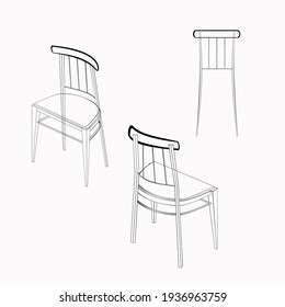 A black and white vector illustration of 3 chairs in different positions isolated on white background. Design elements for projects and interior plans, prints.