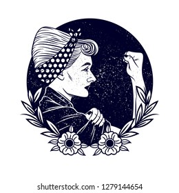 Black and white vector illustration about feminism and women's rights. Tattoo with a girl in vintage style. girl with a bandage on his head shows a fist in protest. Grunge Texture over Logo design