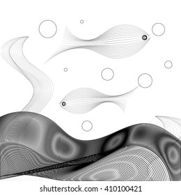 black and white vector illustration of abstract fishes made from lines