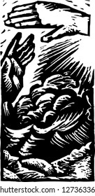 Black and white vector illustration of the act of creation