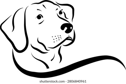 Black and white vector illustration of an adorable Labrador retriever dog with floppy ears, expressive eyes, and a long tail, depicted in a minimalist line art style on a white background.