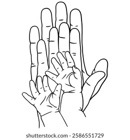 Black and white vector illustration of an adult hand and two baby hands symbolizing love, protection, and family bonds. Perfect for tattoos, prints, parenting themes, and emotional, heartfelt designs.