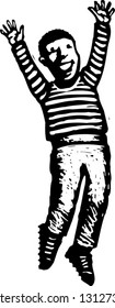 Black and white vector illustration of an African American boy jumping for joy