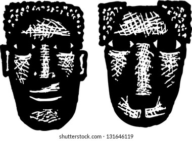 Black and white vector illustration of African American similar owner and pet