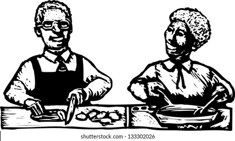 Black and white vector illustration of African American couple cooking in the kitchen