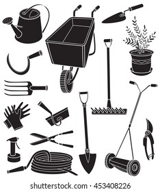 Black and white vector illustration with agriculture objects. Silhouettes of gardening tools, hose, watering can, forks, mower, pruning shears, scissors, potted plant, rake, gloves, hammer isolated 