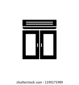 Black & white vector illustration of air curtain. Entrance heating system of buildings and shopping centers. Electric air door. Flat icon. Isolated object on white background.