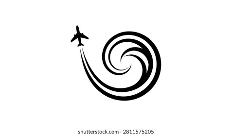 A black and white vector illustration of an airplane leaving a swirling circular smoke trail, representing flight, travel, and aviation journey.