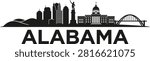 A black and white vector illustration of the Alabama state skyline featuring iconic landmarks, text reading Alabama, The Heart of Dixie, and the established date of 1819.