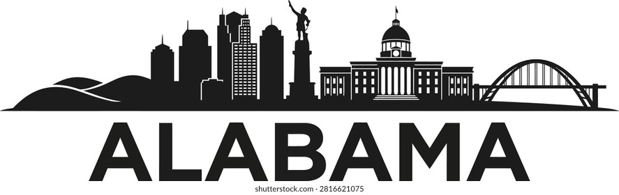 A black and white vector illustration of the Alabama state skyline featuring iconic landmarks, text reading Alabama, The Heart of Dixie, and the established date of 1819.