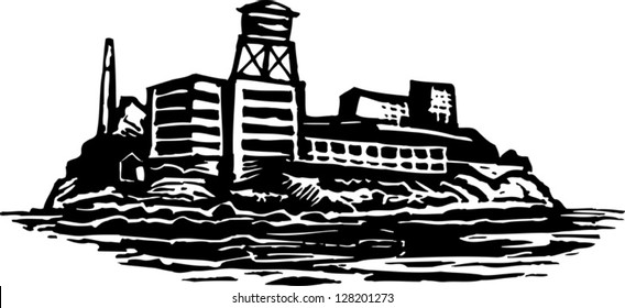 Black and white vector illustration of Alcatraz island Federal prison