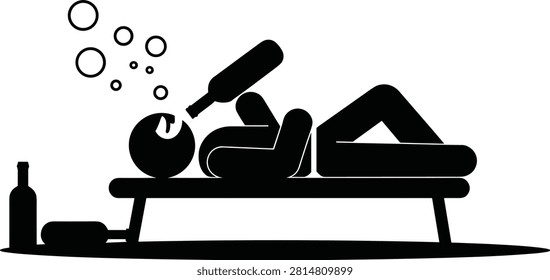 A black and white vector illustration of an alcoholic stick man figure lying down on a bench and drinking directly from a wine bottle. This icon graphic conceptualizes substance abuse, alcoholism, addiction, and unhealthy lifestyle behaviors for educational or health awareness designs.