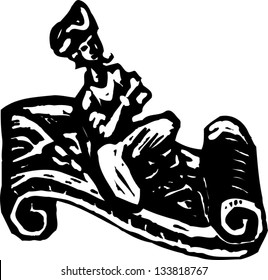 Black And White Vector Illustration Of Ali Baba Riding Magic Carpet