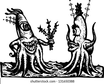 Black and white vector illustration of alien love