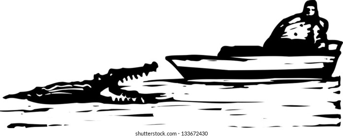 Black and white vector illustration of alligator and man in boat in swamp