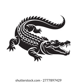Black and white vector illustration of an alligator in a dynamic pose with alligator crocodile silhouette illustration wildlife predator creature aggressive artistic stylized isolated
