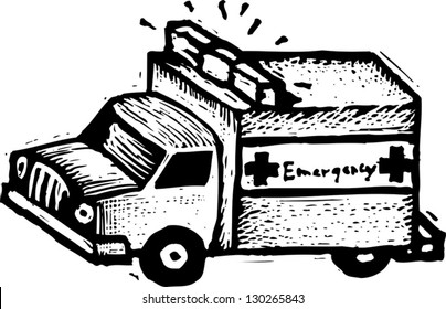 Black and white vector illustration of an ambulance