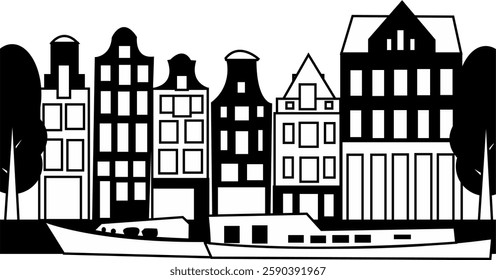 Black and white vector illustration of Amsterdam city, Netherlands