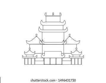 Black and White Vector Illustration of Ancient Chinese Architectural Temples