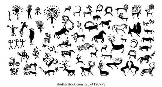 Black and white vector illustration of ancient cave paintings on rocks in Kazakhstan. Big collection Central Asian Petroglyphs isolated on white background. Primitive silhouette of people and animals