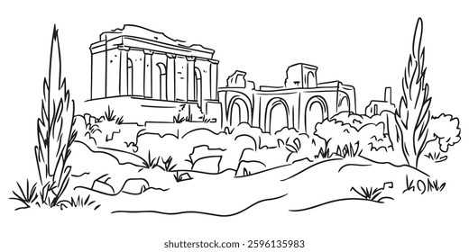 black and white vector illustration of ancient ruins with temple, arches, and vegetation, hand-drawn historical landscape sketch