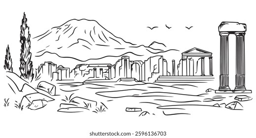 black and white vector illustration of ancient ruins with columns, temple, and mountain backdrop, hand-drawn historical archaeological sketch