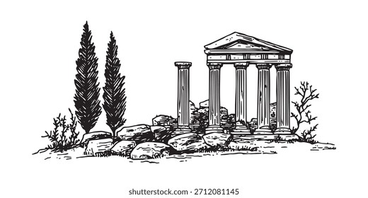 Ilustração de vetor preto e branco de uma ruína de templo clássico antigo com colunas e ciprestes