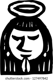 Black and white vector illustration of an angel praying