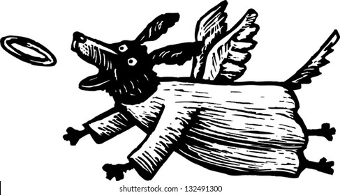 Black and white vector illustration of angel dog chasing halo