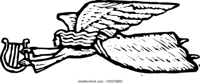 Black and white vector illustration of an angel with harp