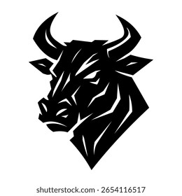 Black and white vector illustration of an angry bull head in modern tribal style. Strong, powerful, and dynamic design ideal for use as a logo, mascot, tattoo design, sports team emblem