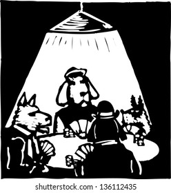 Black and white vector illustration of animals playing cards