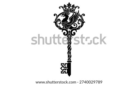 A black and white vector illustration of an antique key. The key features an intricate design with a crown and a griffin or phoenix emblem, isolated on a white background.