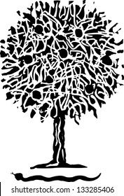 Black and white vector illustration of apple tree and serpent